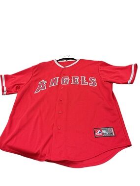 Angels Red Button-Front Baseball Jersey by Majestic